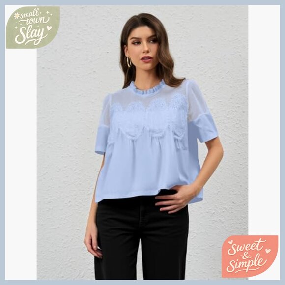 Lace Trim Babydoll Blouse Puff Sleeve Mock Neck See Through Mesh Top - Picture 2 of 7
